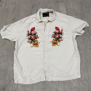 Ninth Hall Mens Dragon Graphic Short Sleeve Button Up Shirt Cream Size M